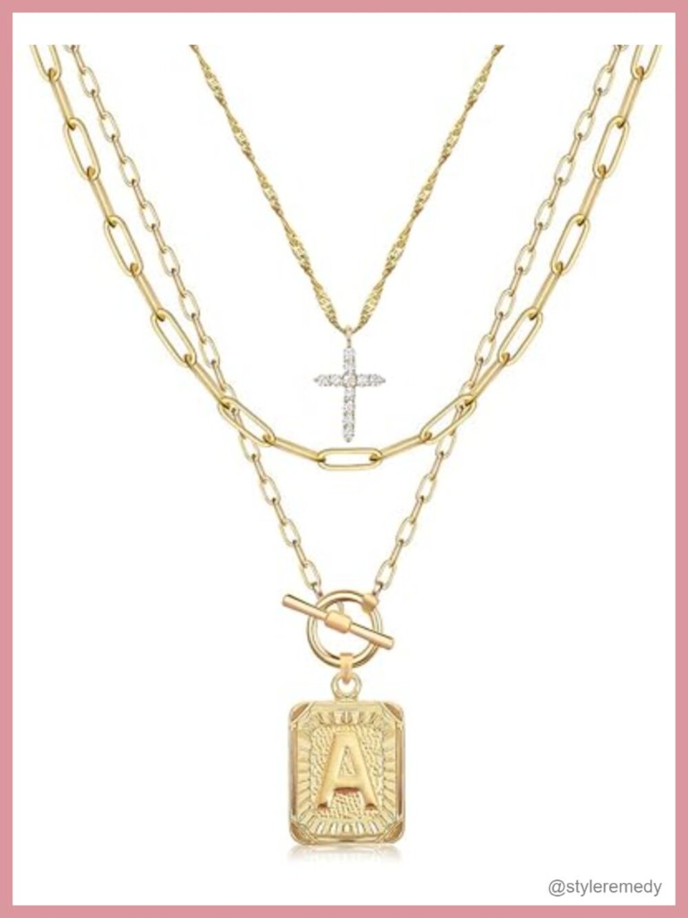 Layered Initial Necklace Set, 14K Gold Plated Brass, Pendant & Cross, Paperclip